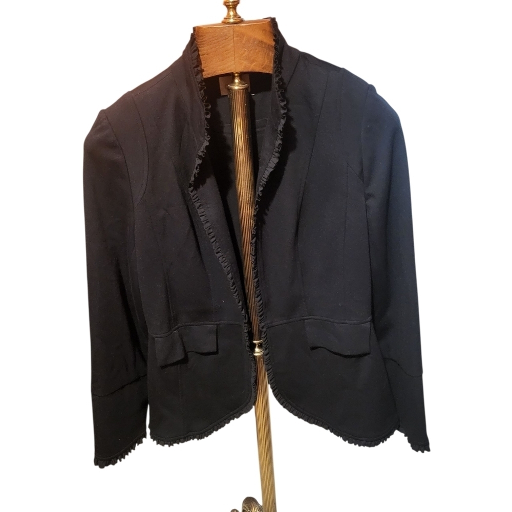 Chicos Ponte Ruffled Trim Black Blazer Hook Closure Size 1 (Medium)